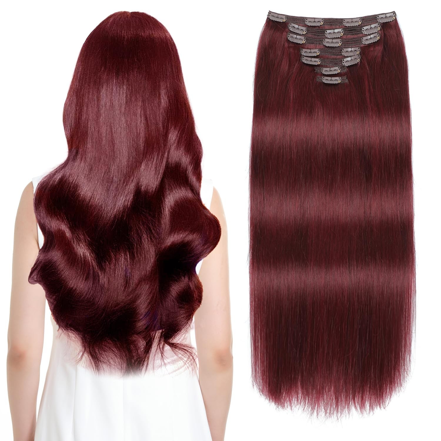 Clip in Hair Extensions 14 inch 130g Burgundy Red 100% Brazilian Remy – Soft