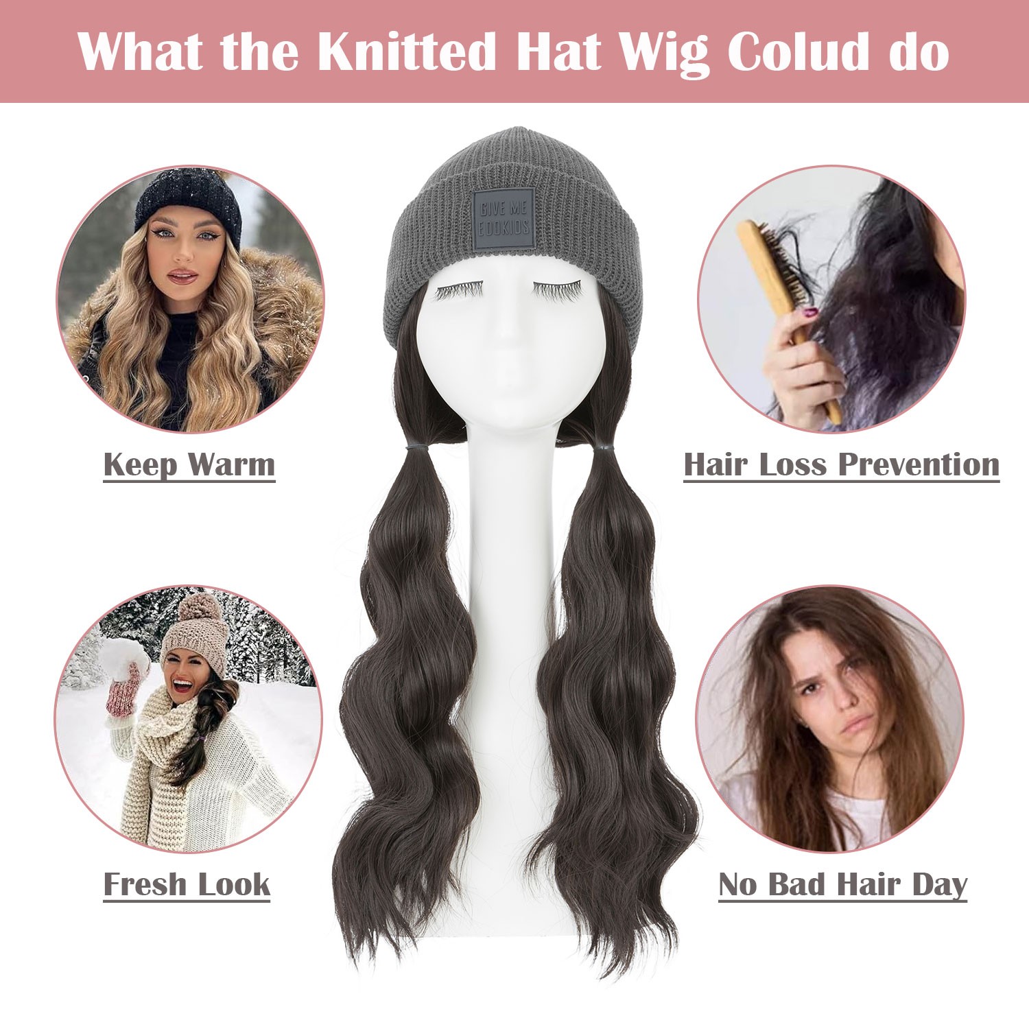 Winter Synthetic Women Long Wavy Beanie Knitted Hat Wig with Synthetic Hair Wigs
