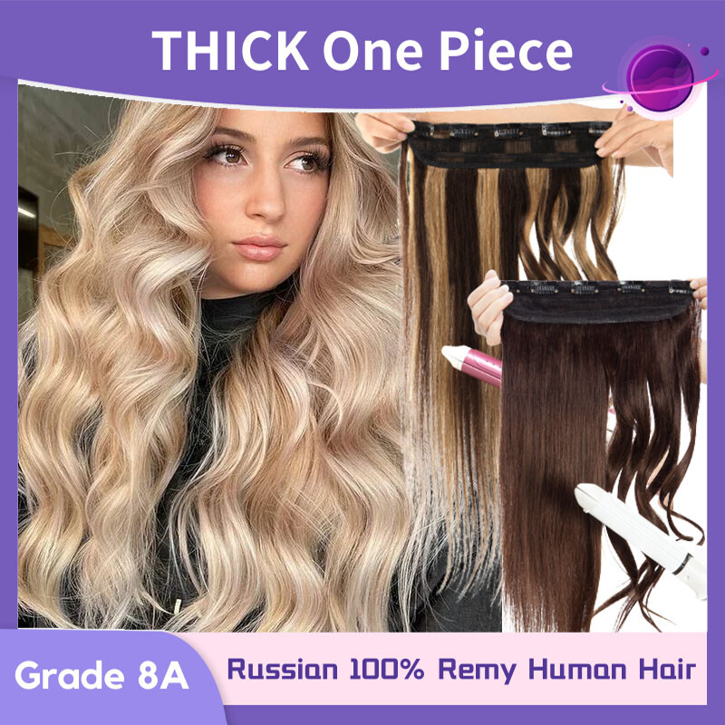 One Piece Clip in Remy 100% Human Hair Extensions 3/4 Full Head Highlight THICK