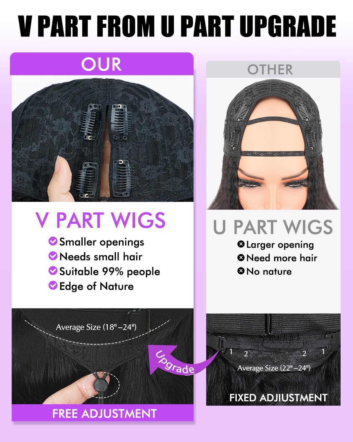 200% Density Straight V Part Wig Human Hair, No Sew Glueless Clip In Half Wig 16