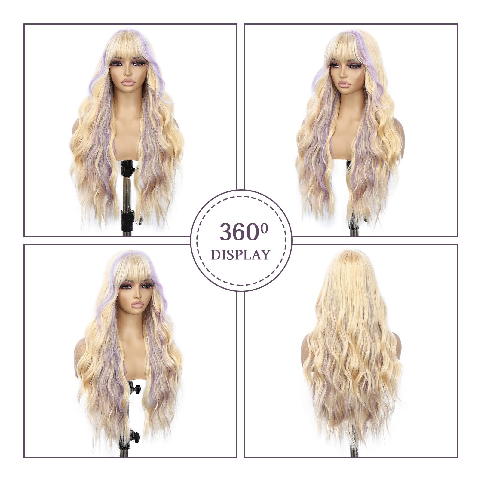 Blonde Wavy Wigs With Bangs for Women Body Wavy Synthetic Wig Highlight Blond…