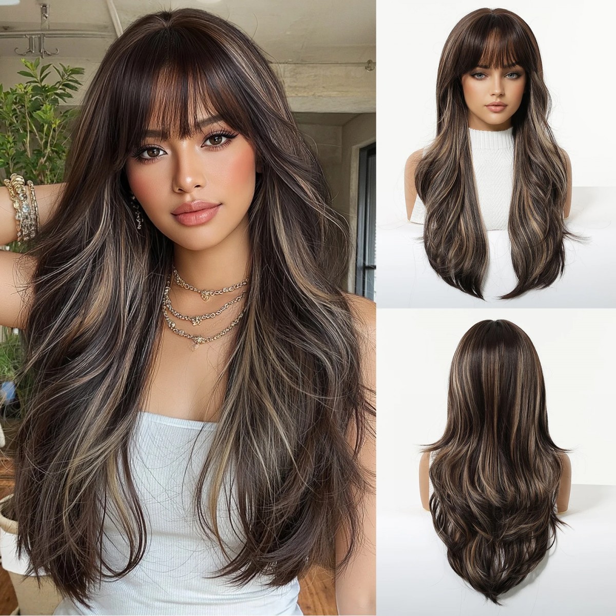 Long Wavy Mixed Brown blonde Synthetic Hair Cosplay Wig With Bangs
