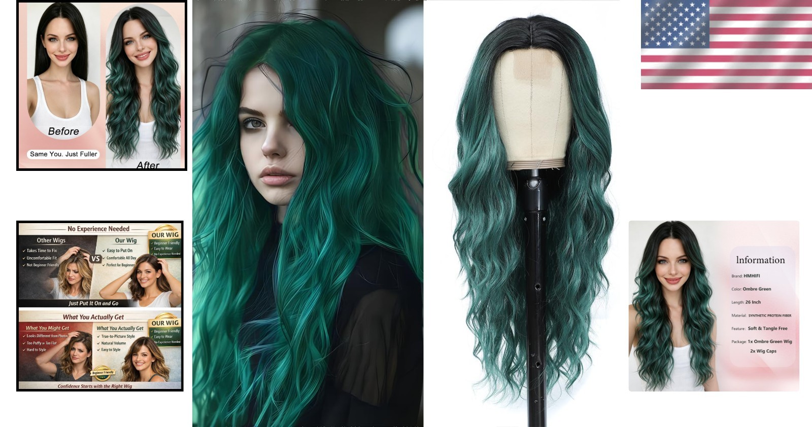 Modern Ombre Green Hair Wig – 26″ Synthetic Heat Resistant
