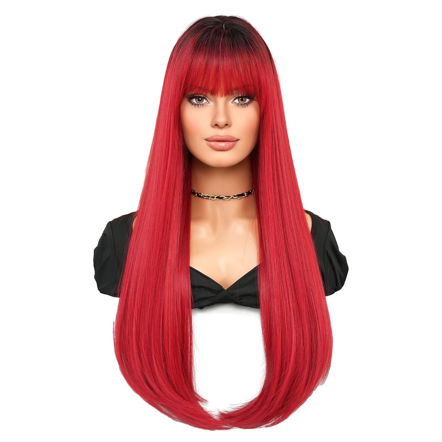 7JHH WIGS Long Straight Dark Red Wig with Bangs 28in Red Wig with Black Roots