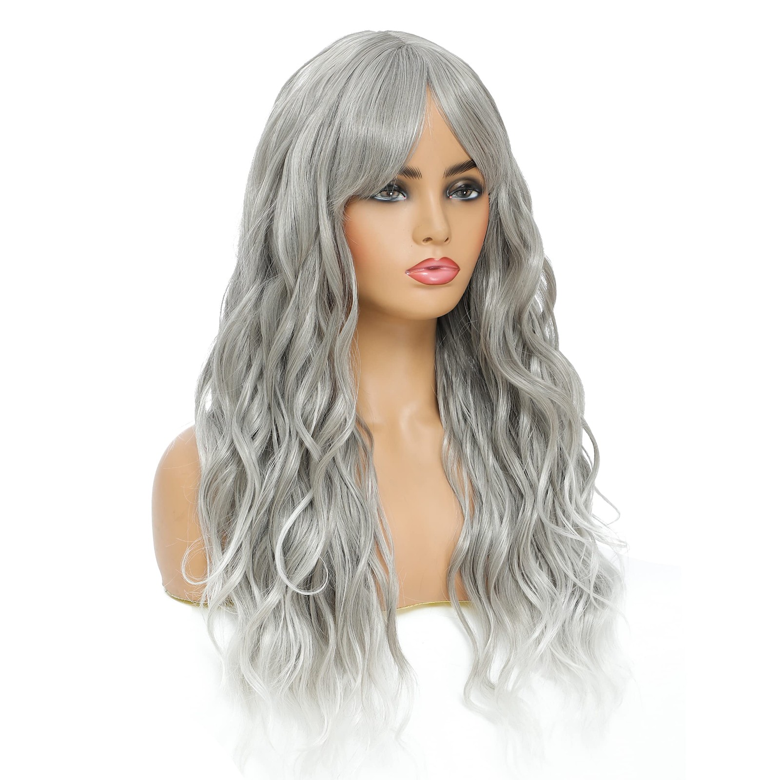 Long Curly Wavy Wig with Bangs Synthetic Hair Wig for Women with Wig Cap (Gre…