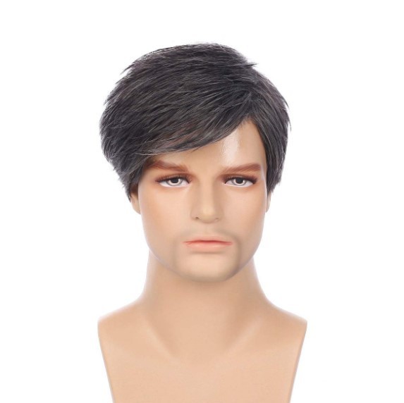Short Men’s Male Daily Wear Hair Full Wig Black Grey Men’s Wigs+Wig Cap