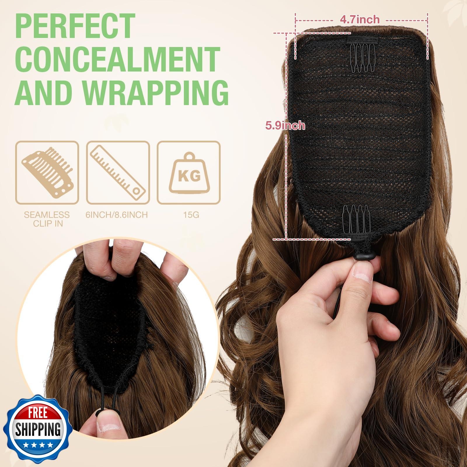 FELENDY Ponytail Extension, 15″ Drawstring Ponytail Hair Extensions Long Wavy
