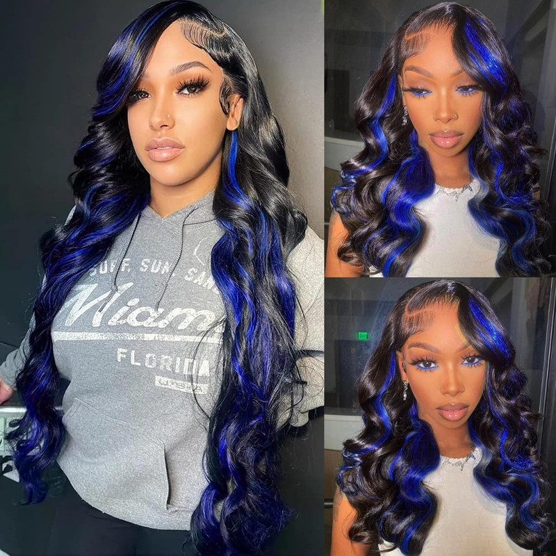 Dliliboon 180 Density Black Highlights Blue 5X5 Lace Front Human Hair Wigs For