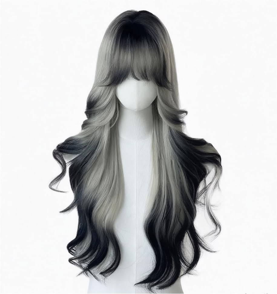 Black White Ombre Long Wavy Wig for Women Lolita Synthetic Curly Hair Wig wit…