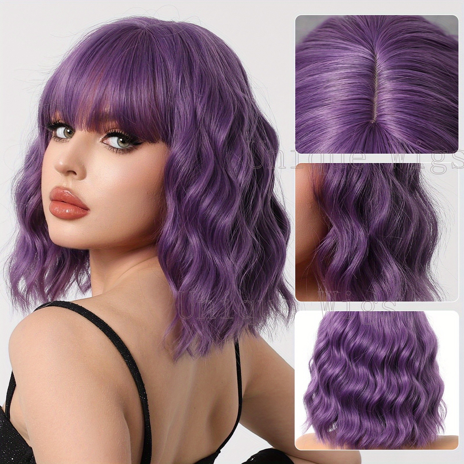 14in Colorful Short Wavy Bob Wig Bangs Synthetic Hair Wig Cosplay Party Fashion