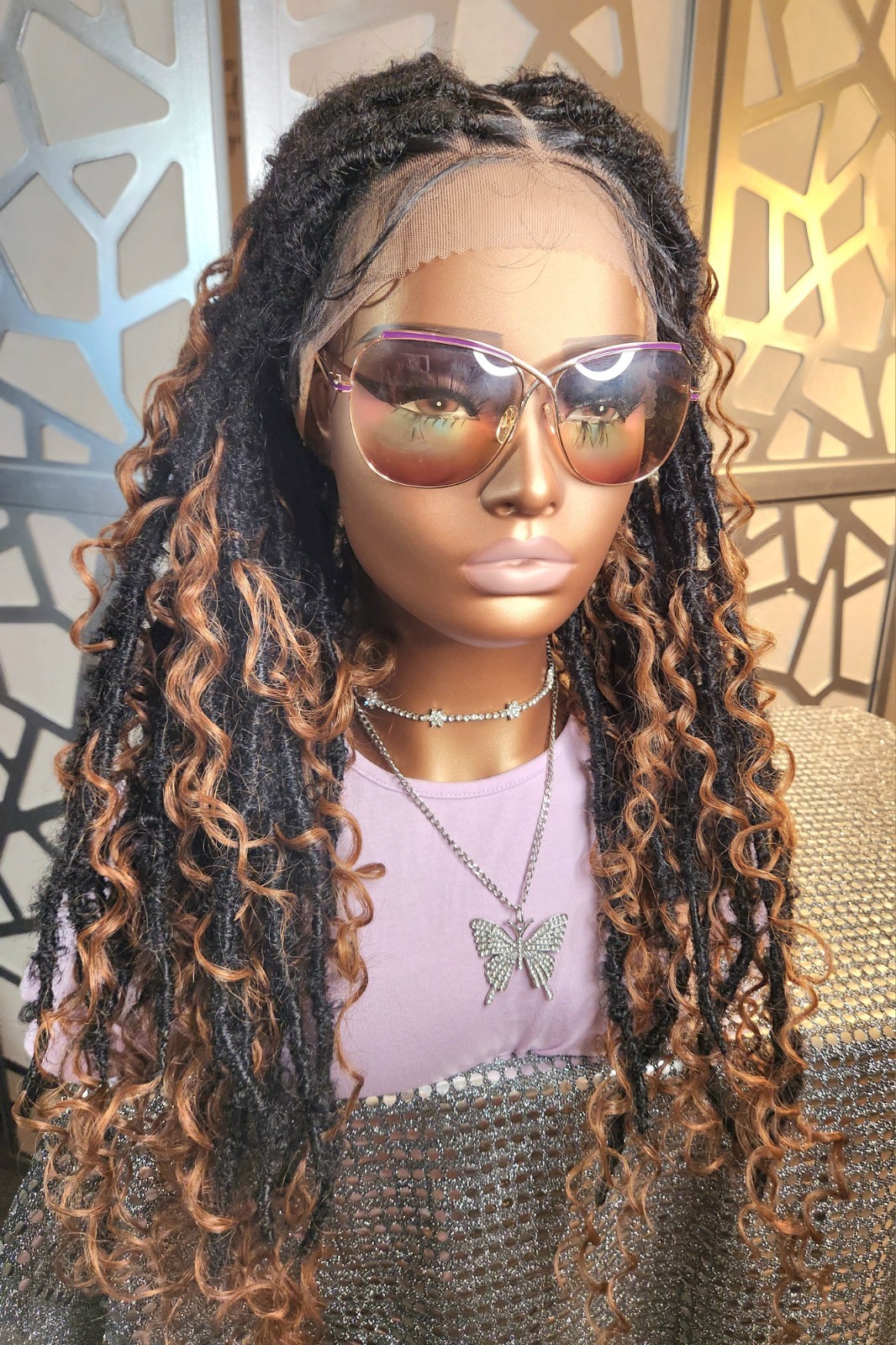 Boho Knotless Dreadlocks Wig 13×6 Lace Front Ombre Black Auburn Curly Ends