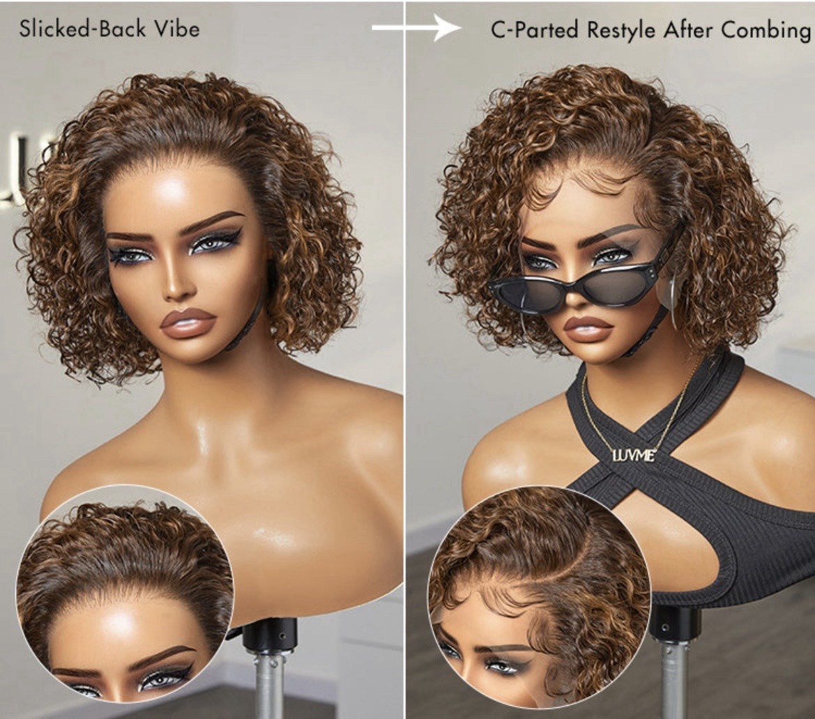 Luvme Short Curly Wig 8” Brown Highlight Human Hair Lace Front Pre-Cut Lace Bob