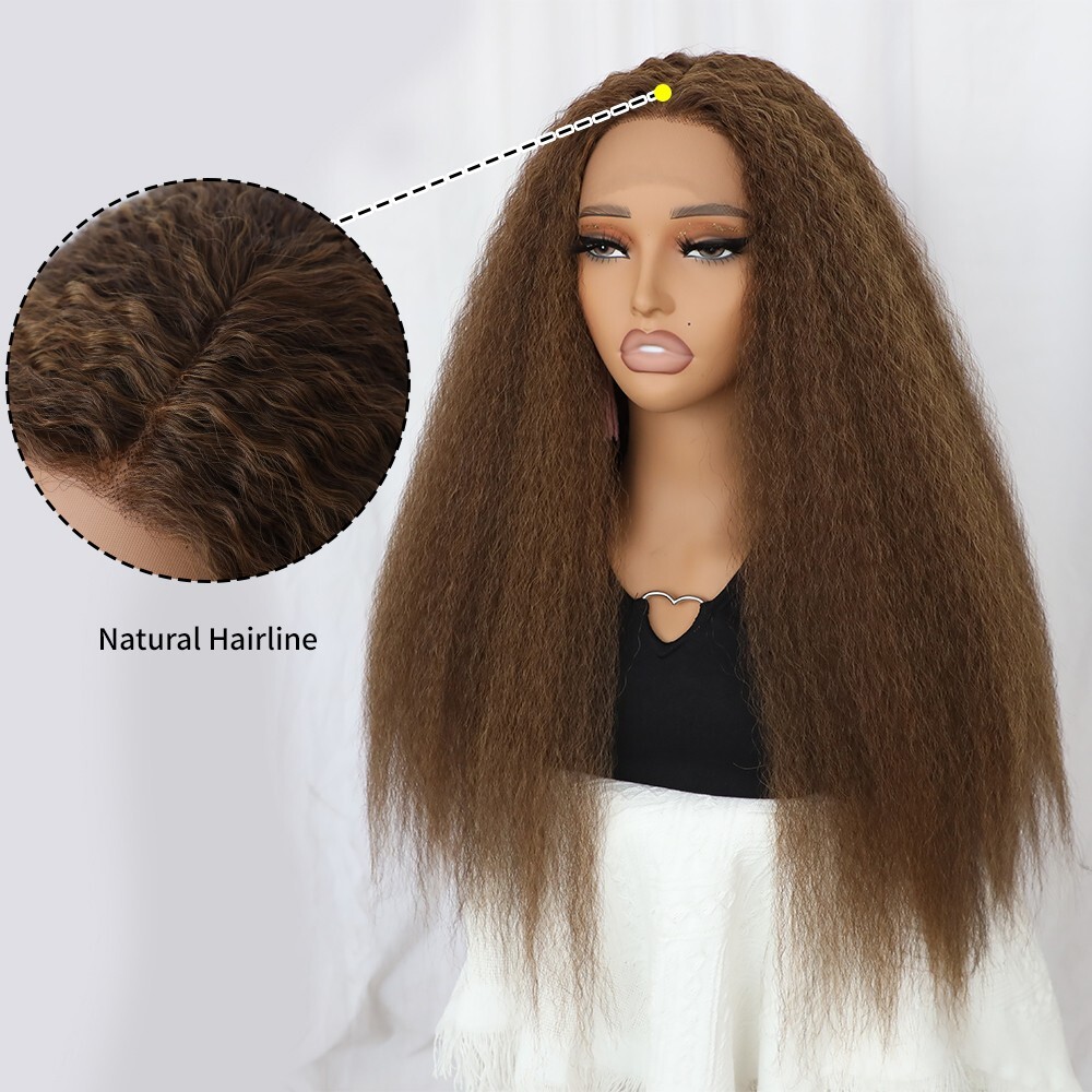 Kinky Straight Lace Front Wigs Synthetic Brown Human Hair Natural Pre Plucked