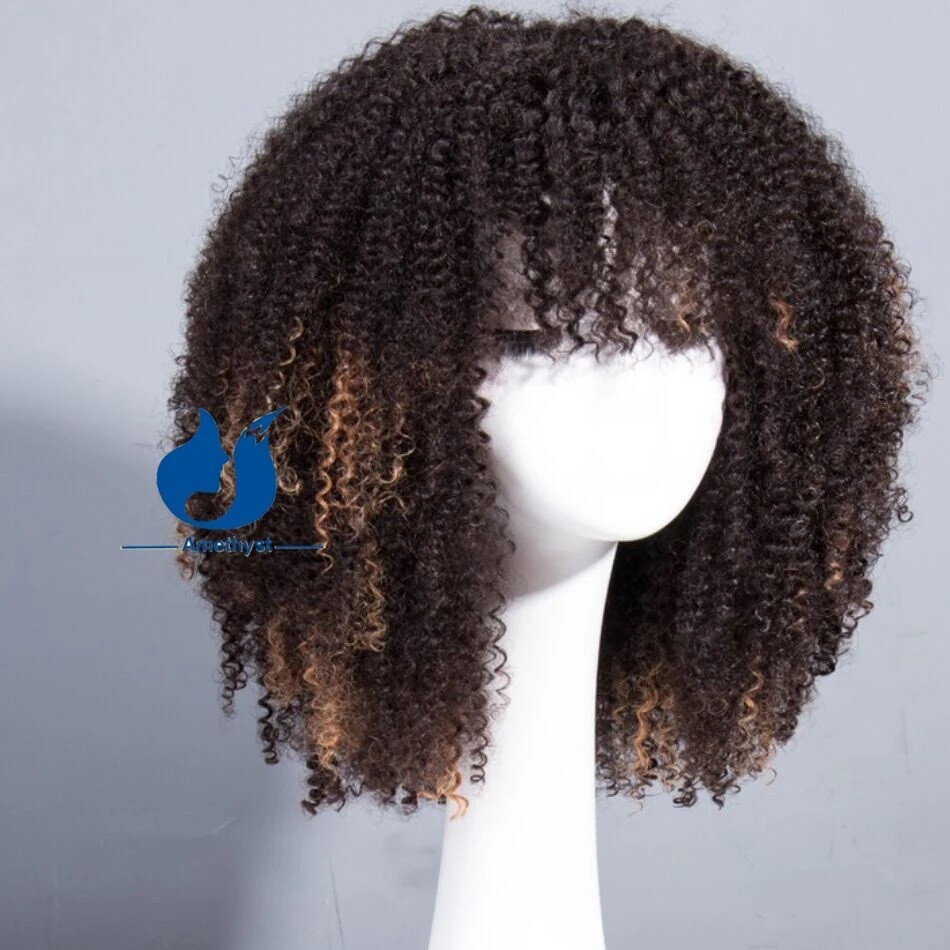 Blonde Highlight Afro Kinky Curly Wigs Human Hair With Bangs Coils Fake Scalp
