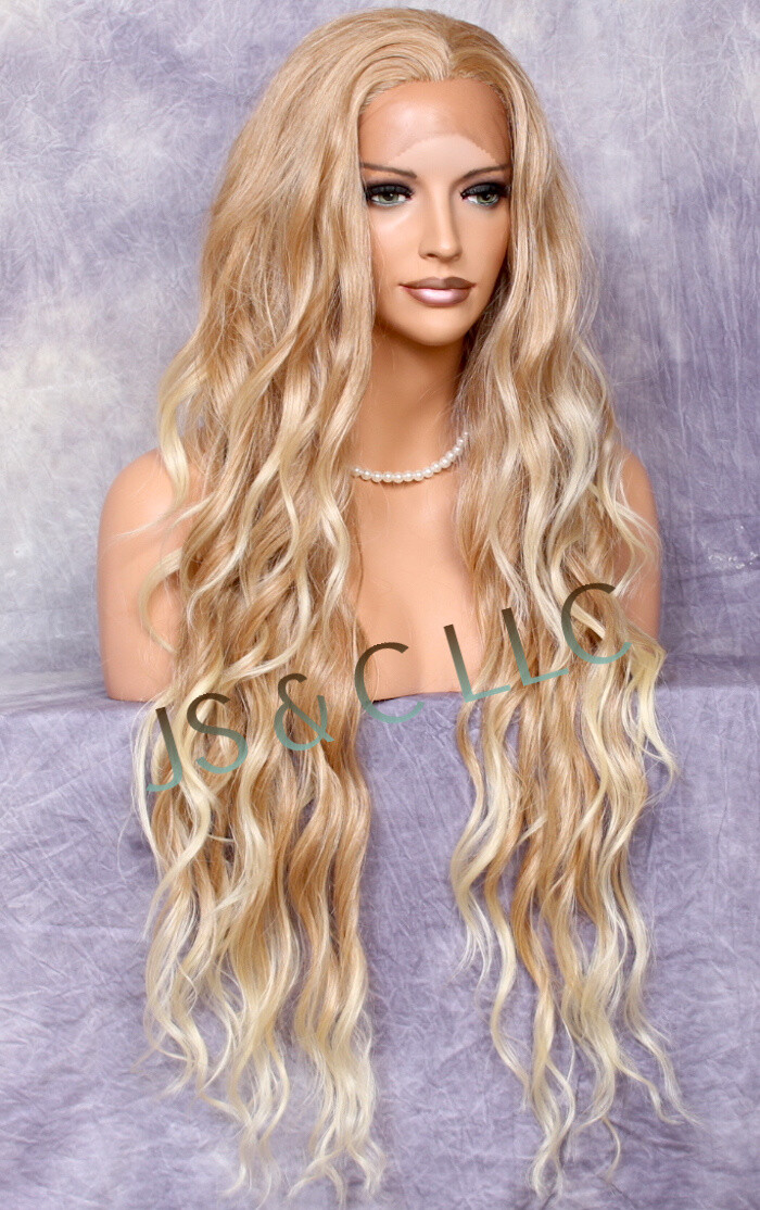 Human Hair Blend HEAT OK Blonde mix Lace Front Wig Wavy long 37″ JSTA T27/613
