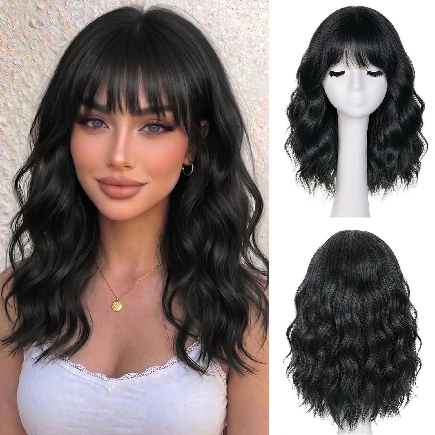 Water Wave Short Curly Wig with Bangs Heat Resistant Synthetic Full Wig for