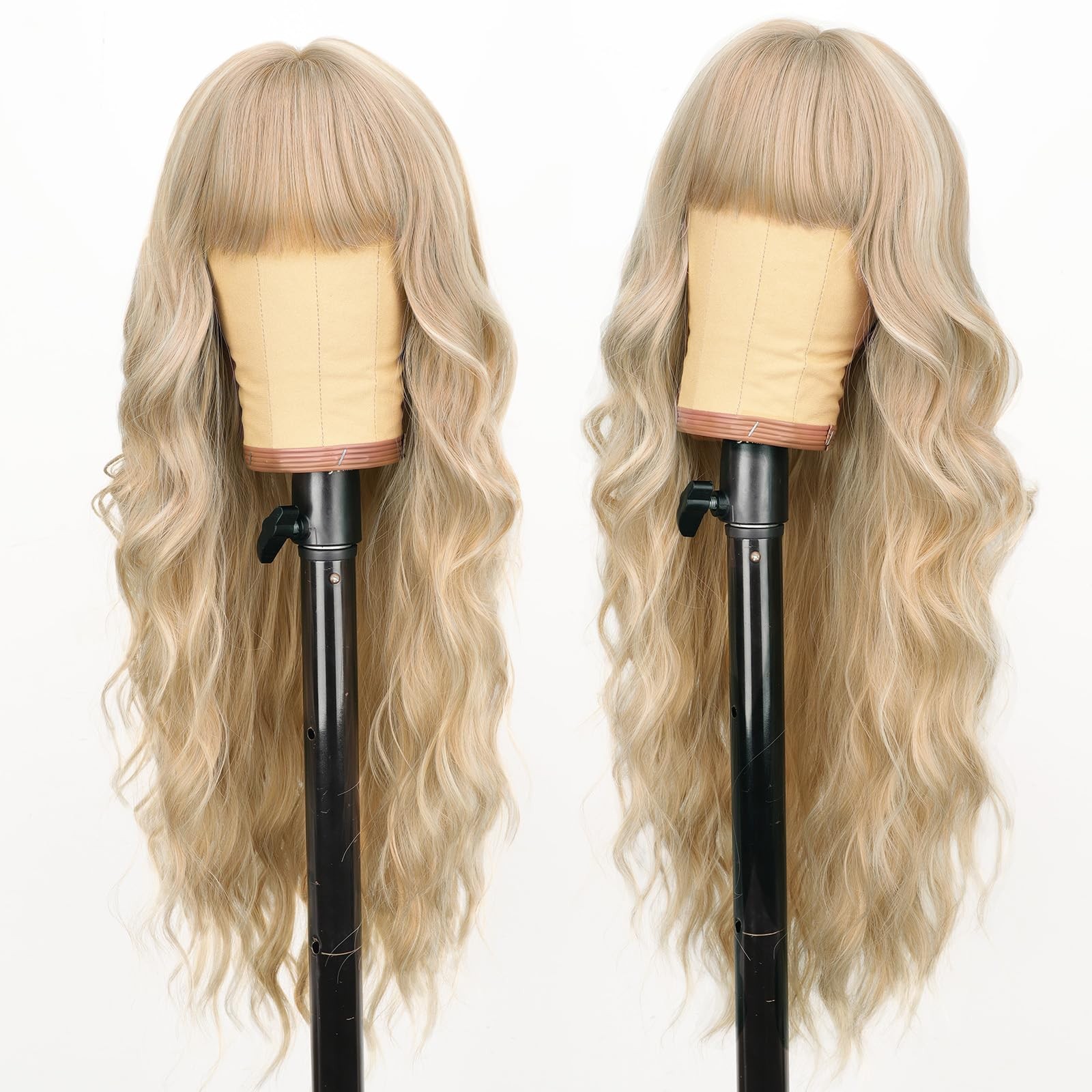 Aisi Hairbeginner Friendly Wigs Platinum Blonde Highlight Wig Bangs Long Wavy