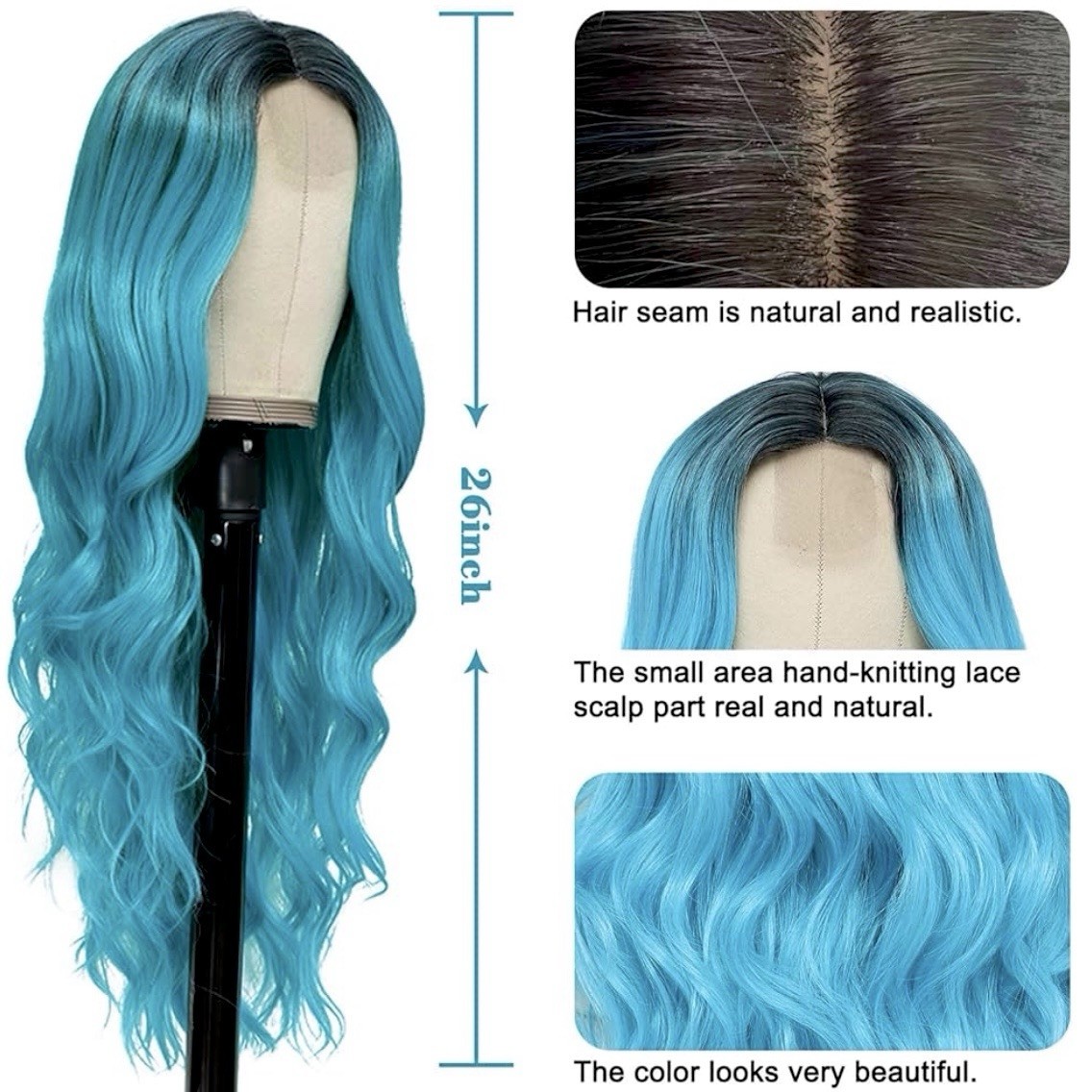 Nayoo Long Ombre Blue/Teal Wig 26″ Wavy Synthetic Heat Resistant Middle Part