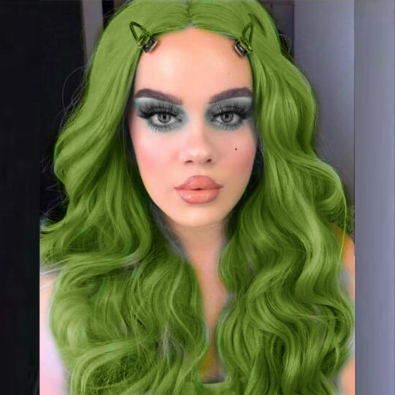 Matcha Green Wig Long Bouncy Wave Olive Green Synthetic Lace Front Wigs Pre P…