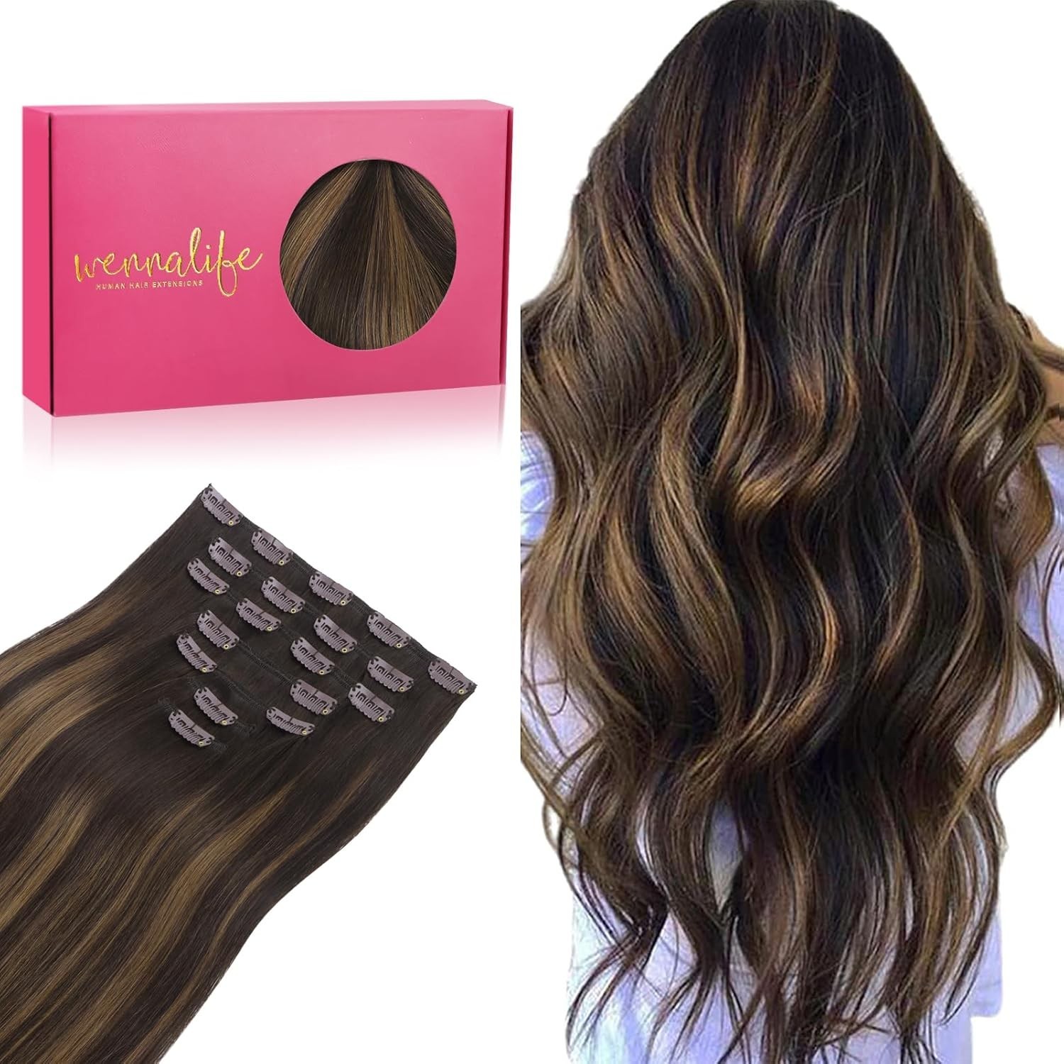 Wennalife Clip in Human Hair Extensions 120g 16in 7pcs Black/Brown