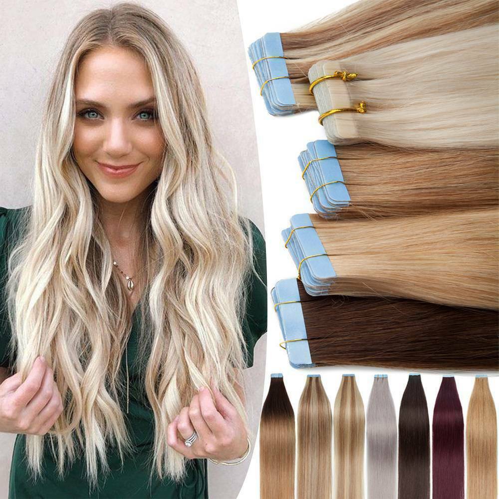 Tape in Skin Weft Hair Extensions Invisible Glue in Remy Human Hair Full Head US