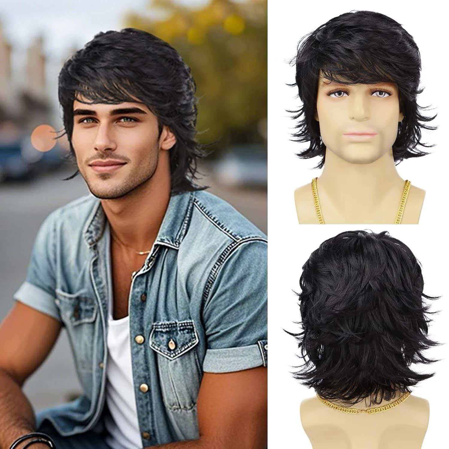 Men’s Short Black Wavy Wig 8in Full Cosplay Heat Resistant Synthetic Party
