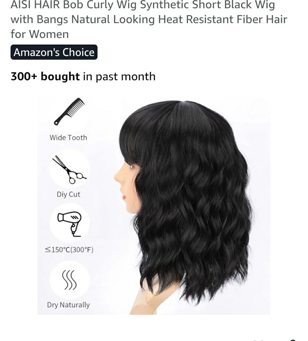 AISI HAIR Bob Curly Wig Synthetic Short Black Wig with Bangs Natural