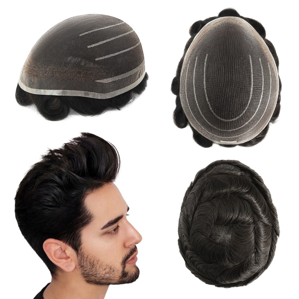 Mens Toupee Human Hair Replacement System Welded Mono Off Black Hairpieces #1B