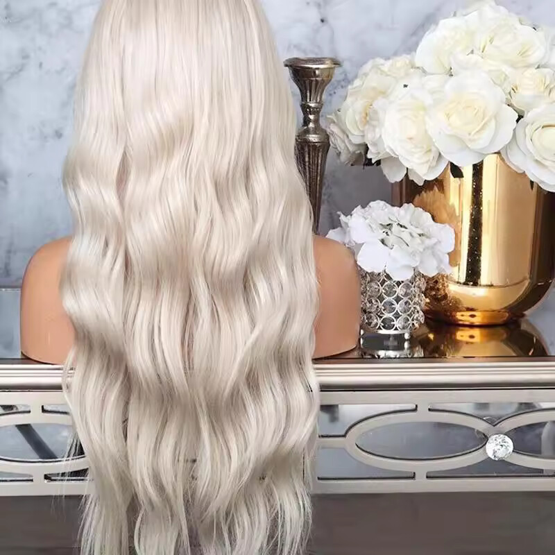 60# Platinum Blonde Wavy Lace Front Wig Natural Wave White Blonde Human Hair Wig