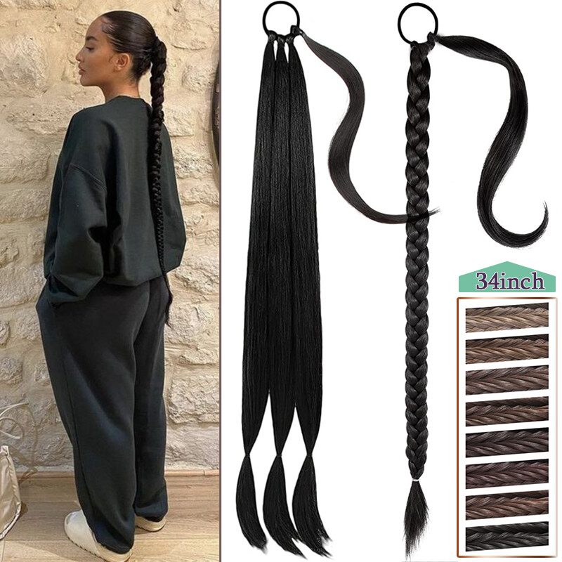 Long 34in Braid Ponytail Wrap Tip Pony Tail Braid Hair Extensions Thick As Human