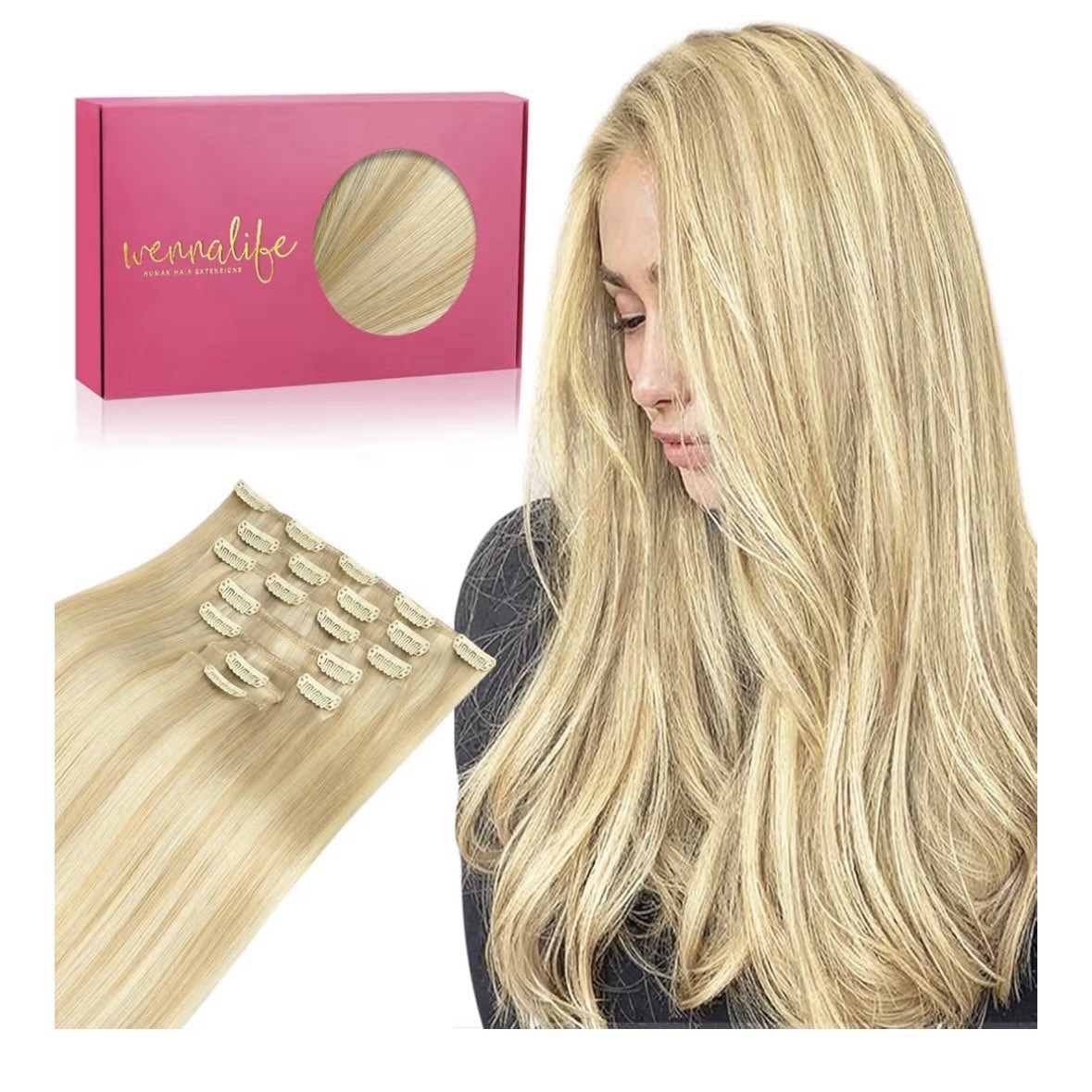 Clip in Hair Extensions, Light Blonde Highlighted Golden Blonde