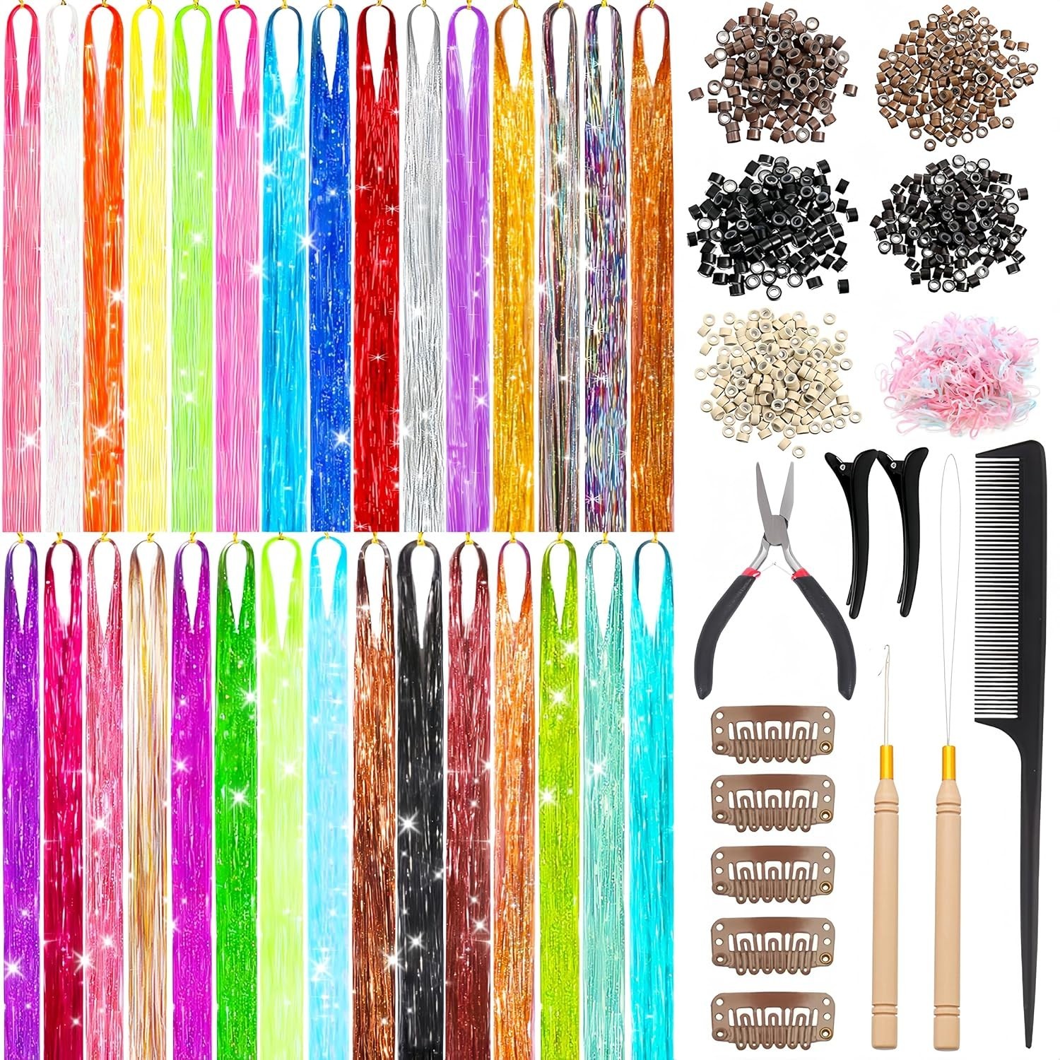 30-Color Hair Tinsel Kit with 48-Inch Sparkling Glitter Extensions for All Oc…