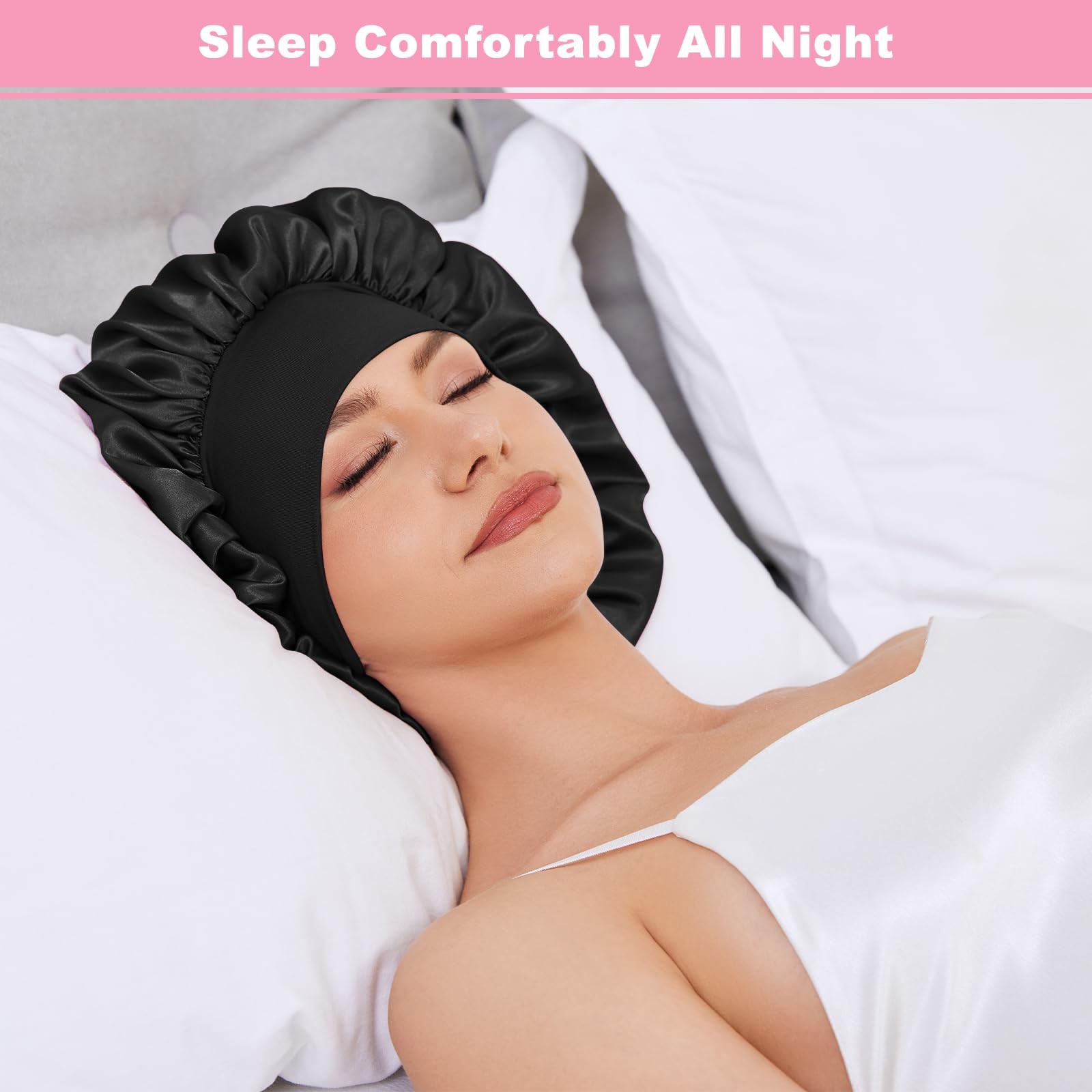 3PCS Silk Sleep Bonnet for Women, Large Satin Hair Caps with Elastic Band, Cu…