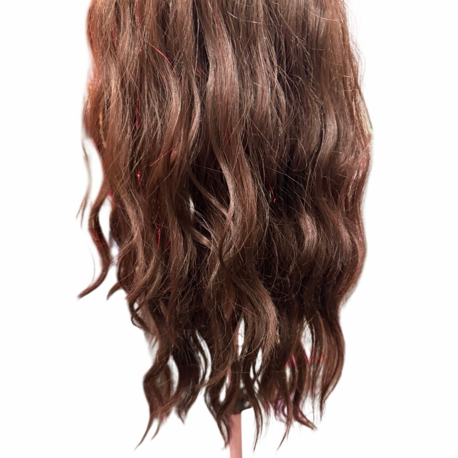 Medium Brown Wavy Wig with Red Tinsel Highlights – Heat Friendly Synthetic Wig