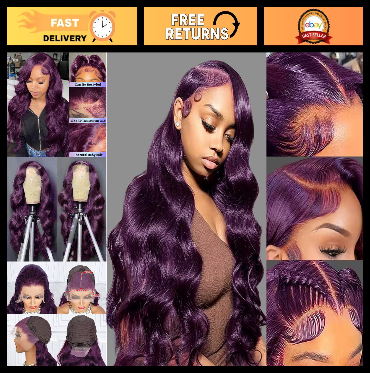 Colorful Dark Purple Body Wave Lace Front Wig 18″ Glueless 180% Density Women