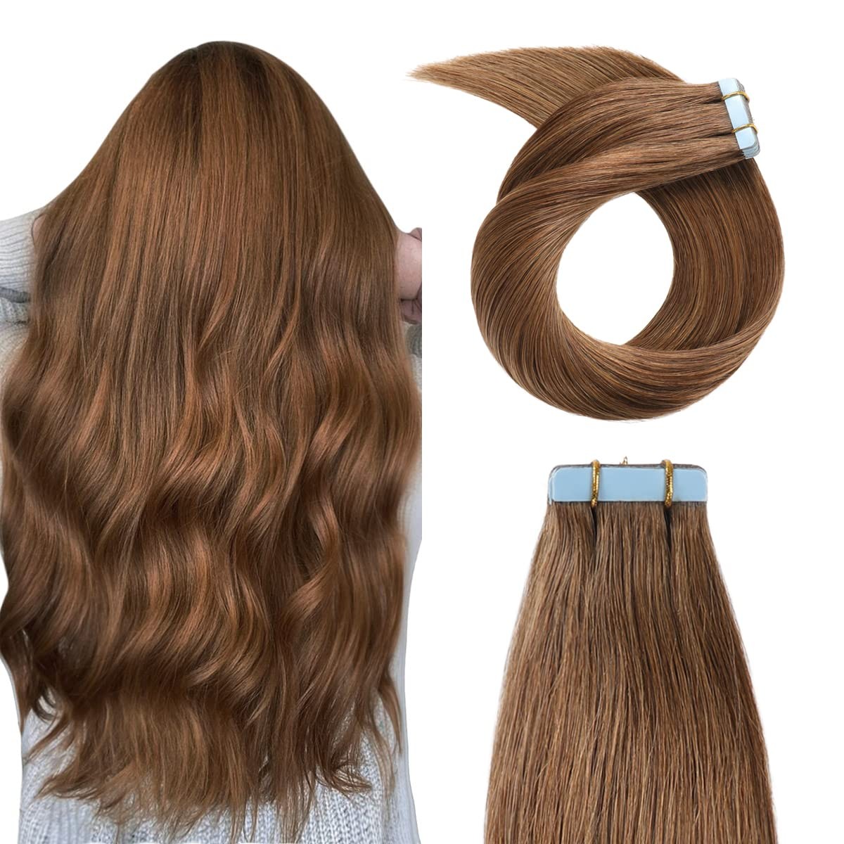 YILITE Human Hair Tape-In Extensions 16″ 20pcs 40g Silky Straight Remy Chestnut