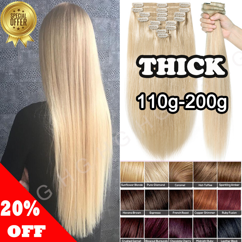 100% Real Remy Clip In Human Hair Extensions Full Head 8pcs 18clips Extra Thick
