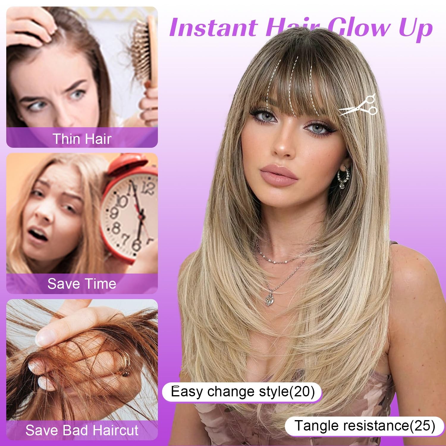 Long Layered Blonde Wig with Bangs Straight Synthetic Wig for Women 26 Inch