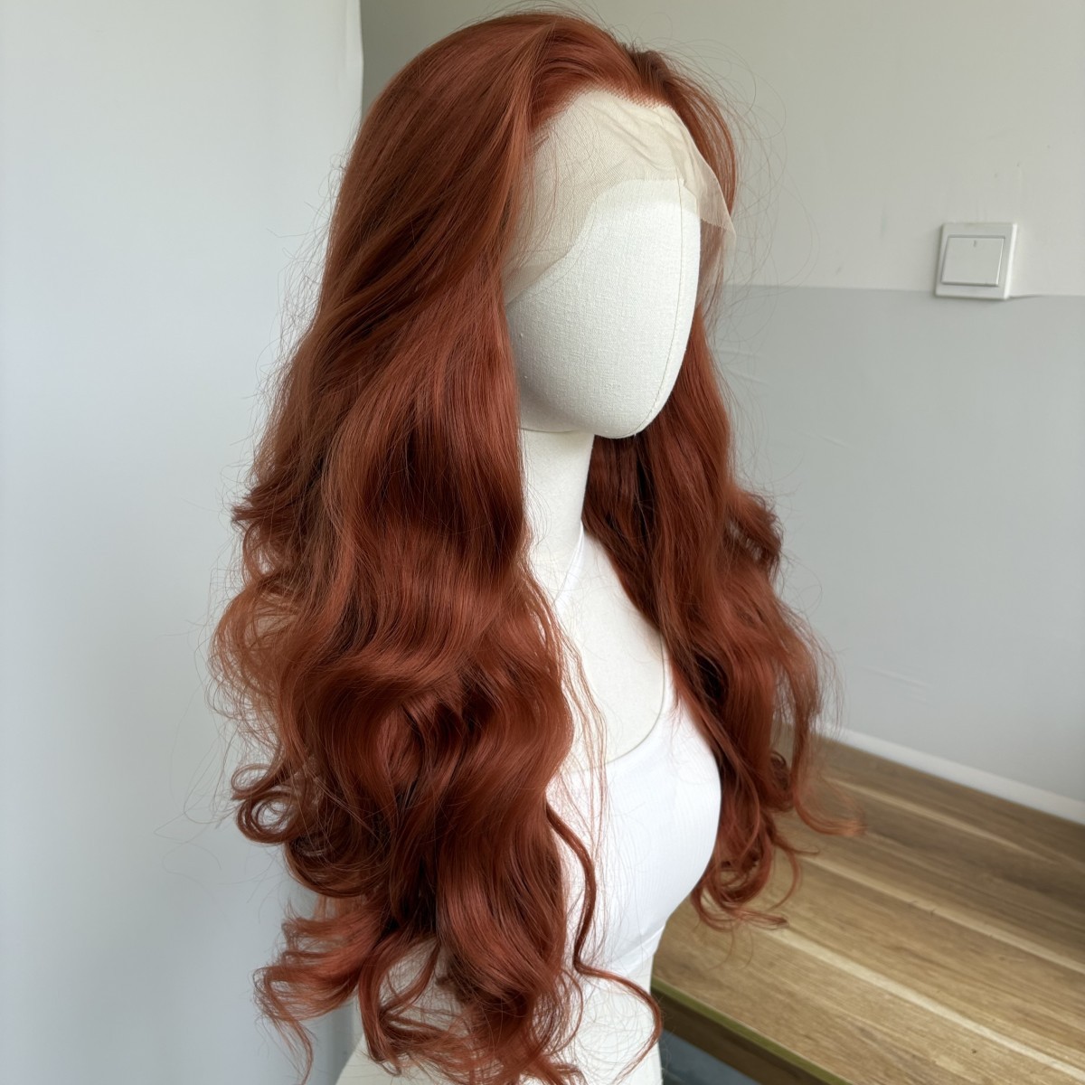 Glue Less Lace Front Wig Copper Red Synthetic Hair Heat Resistant Long Wavy