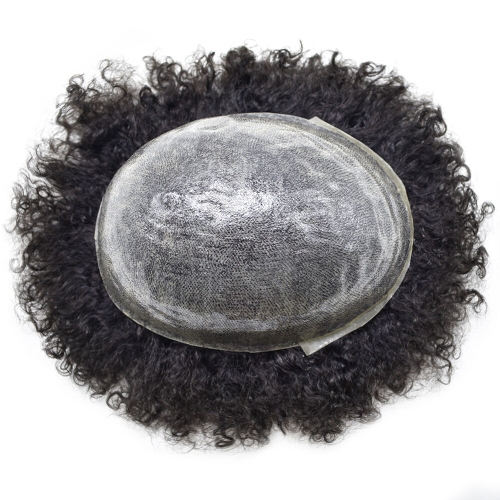 African American Men Wig 6mm Afro Curly Mens Toupee Full Poly PU Hair Systems