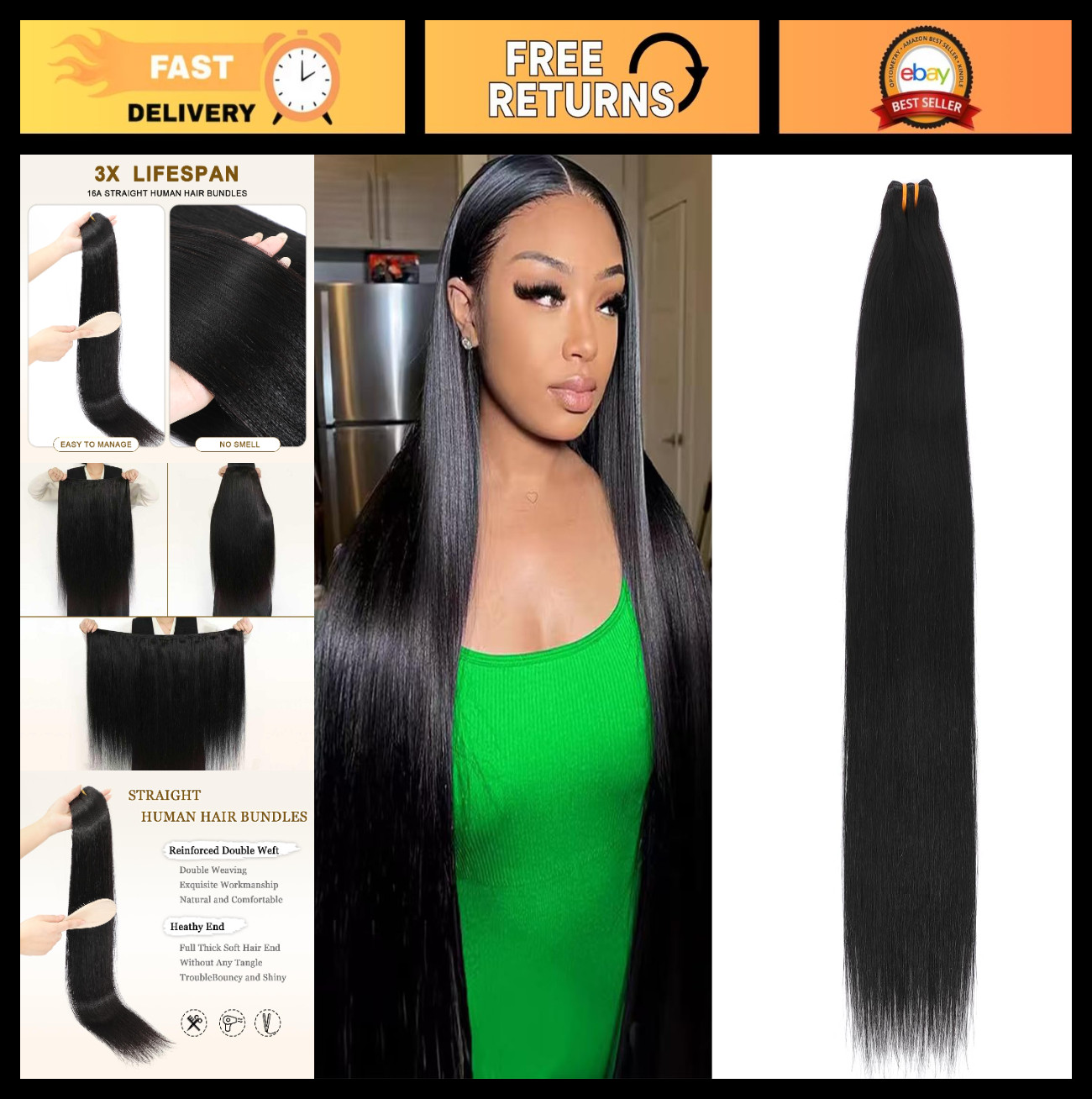 28 Inch Raw Straight Human Hair Bundle – Triple Lifespan, No Tangle, Virgin Remy