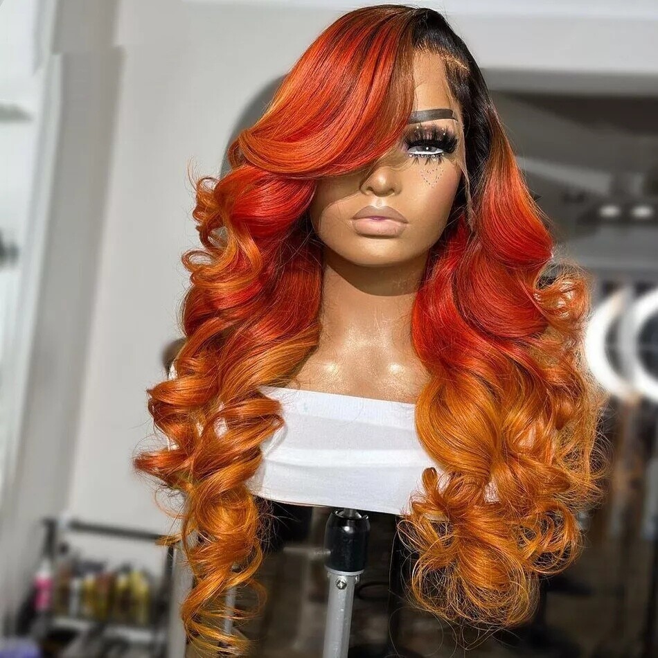 Ombre 1B Red Orange Body Wave Lace Front Human Hair Wig Pre-Plucked
