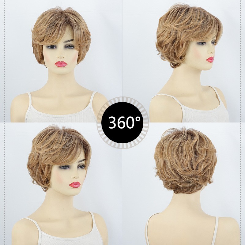 Wavy Short Fluffy Rooted Blonde Mix Synthetic Hair Wigs Women Soft Natural Daily