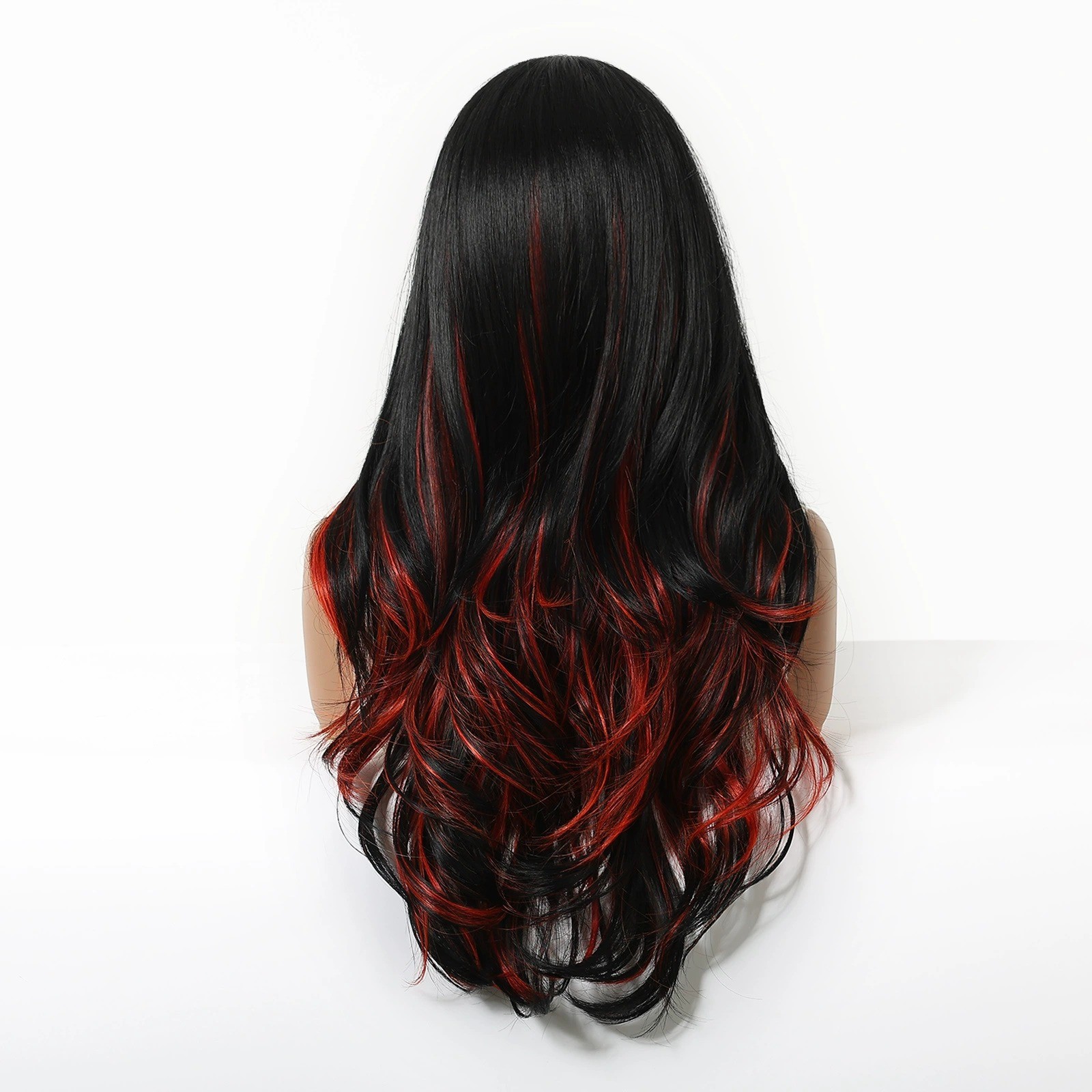 Natural Black Long Wavy Rose Pink Highlight Wigs with Curtain Bangs Natural Part