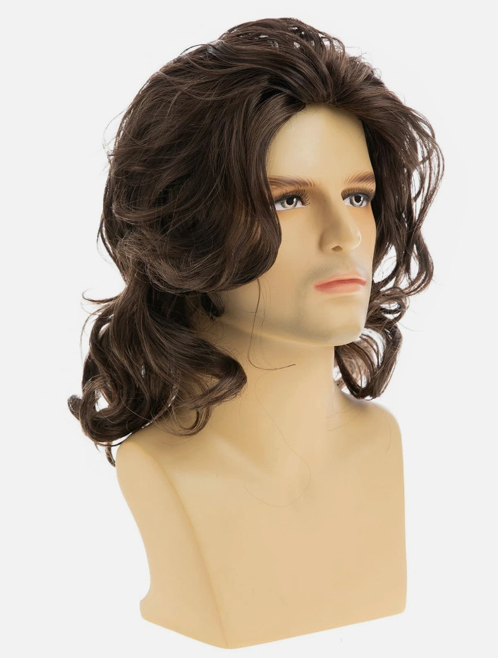 Dsimeig Mens Brown Layered Wavy Wig Shoulder Length Synthetic Heat Resistant Wig