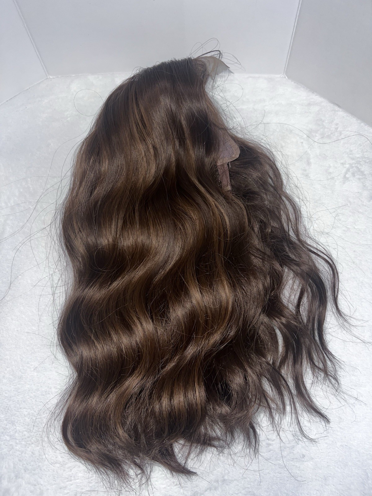 Womens Dark Brown Wavy Hair Wig With Light Brown Highlights Synthetic Soft Piece