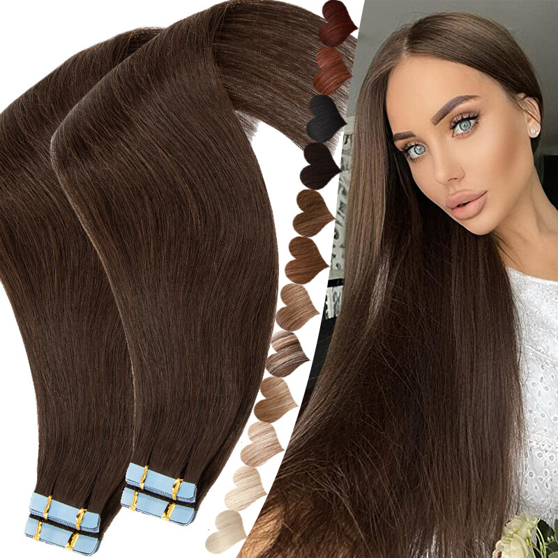 Tape In 100% Russian Thick Human Hair Extensions Tape On Skin Weft Brown 200g US
