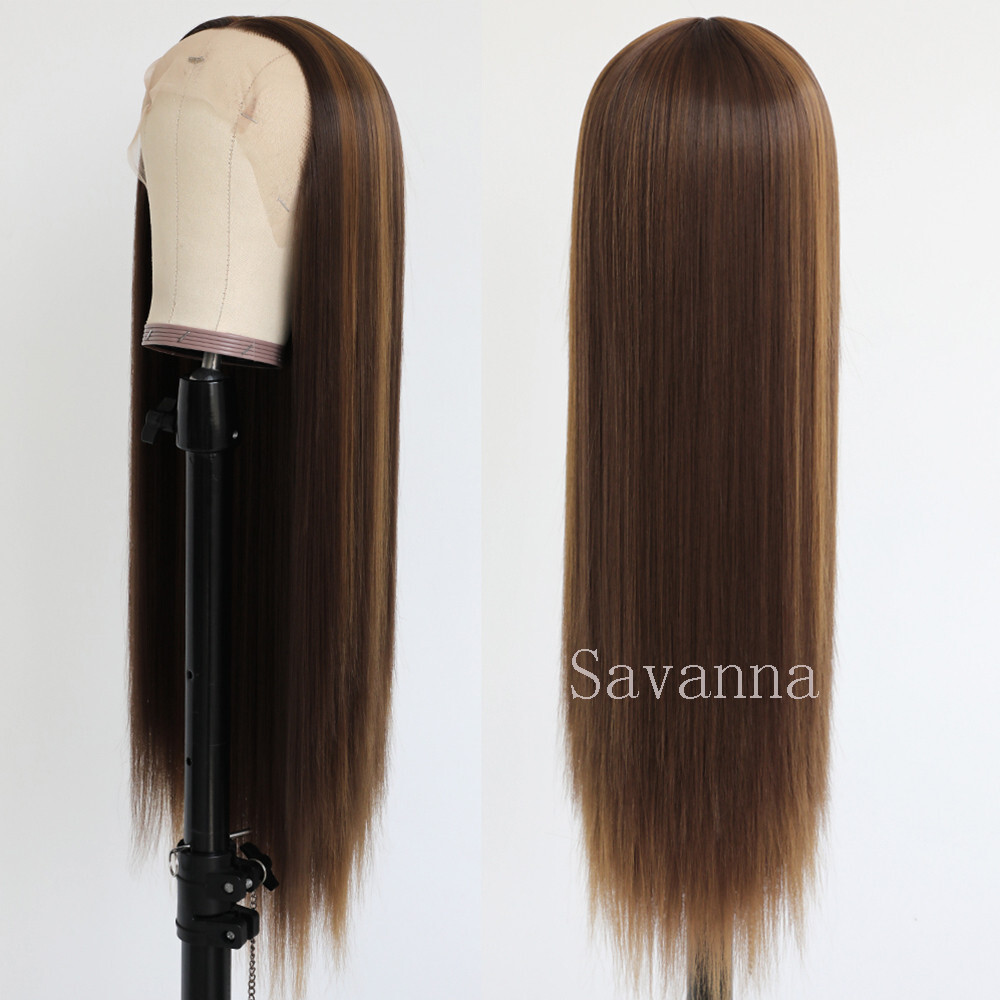 Natural Hair Wig Straight Heat Resistant Synthetic Lace Front Wigs Mixed Color