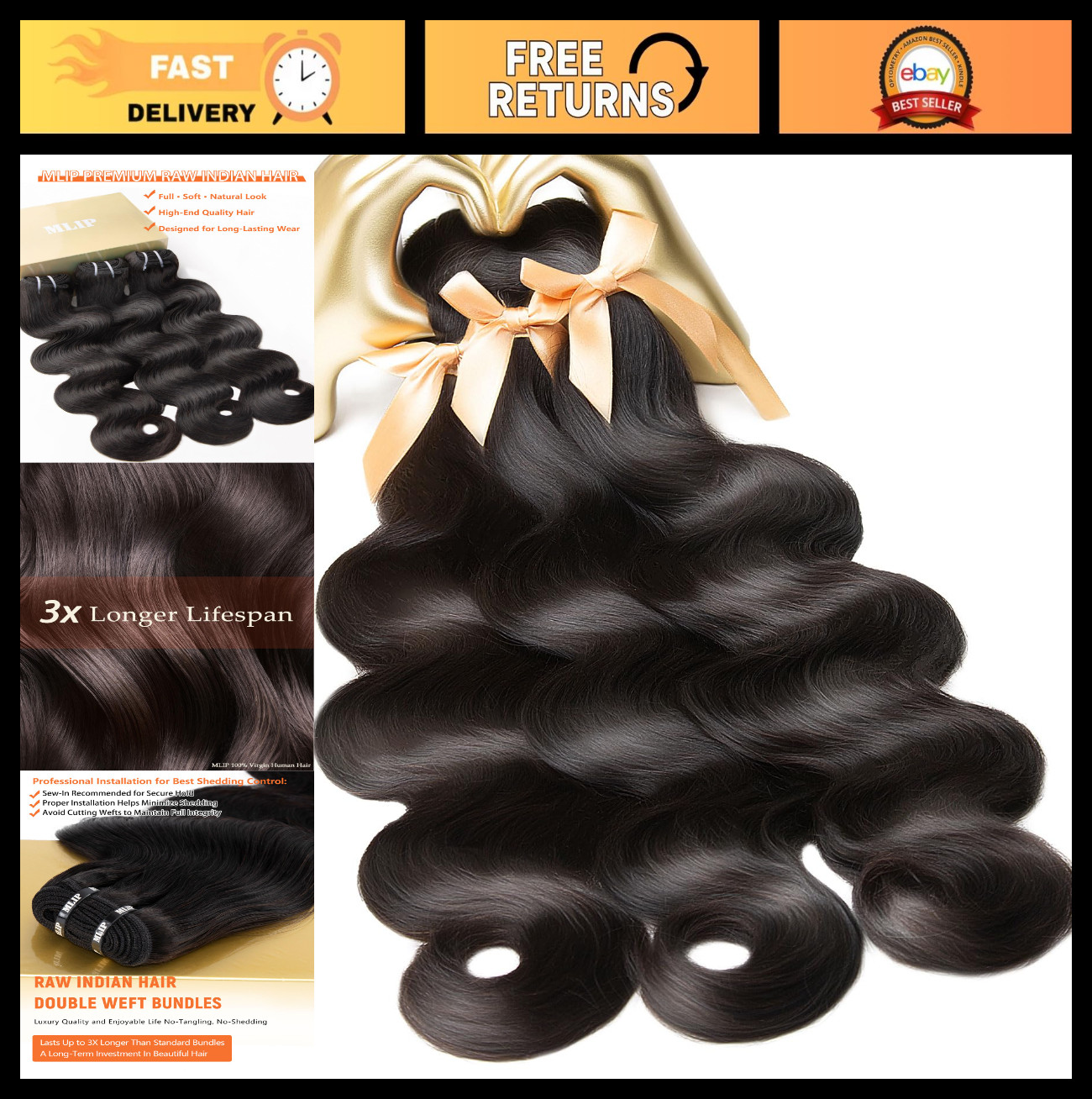 100% Raw Indian Body Wave Hair Bundles – Full, Thick, No Tangle, Silky Soft, 3 P