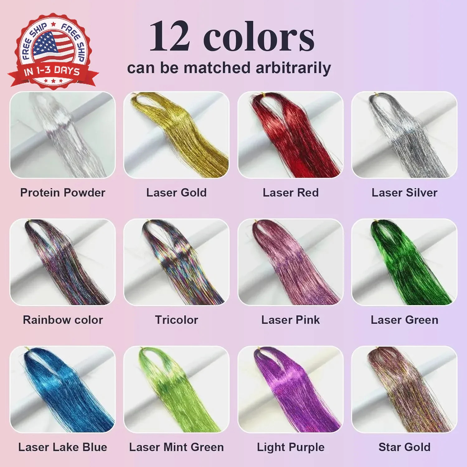 Leuceiy 12 Colors Hair Tinsel Kit, 48 Inch Hair Extensions With Tool, 3600 Stran